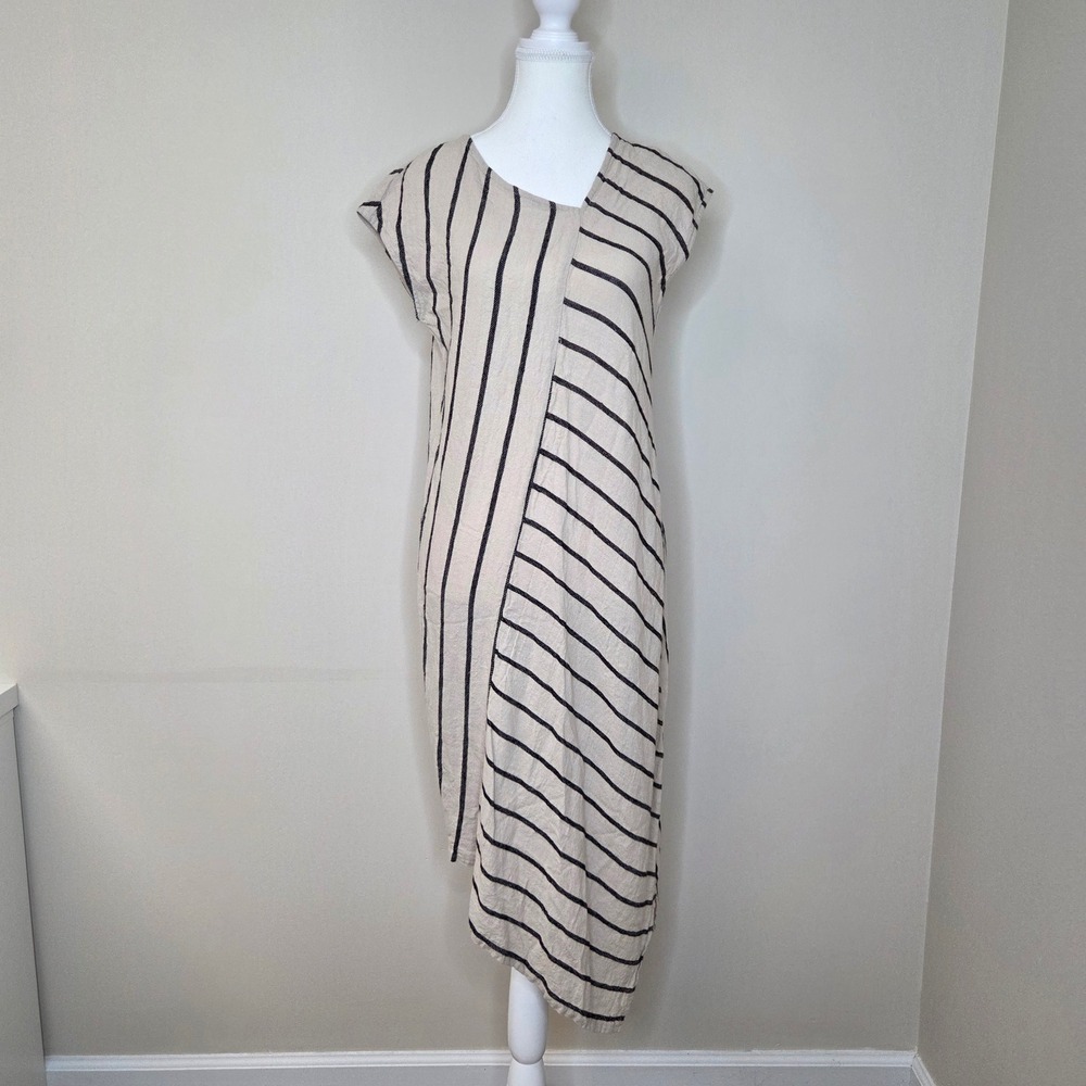 Tahari Striped Asymmetrical Midi Dress Linen Viscose Beige Black Size S